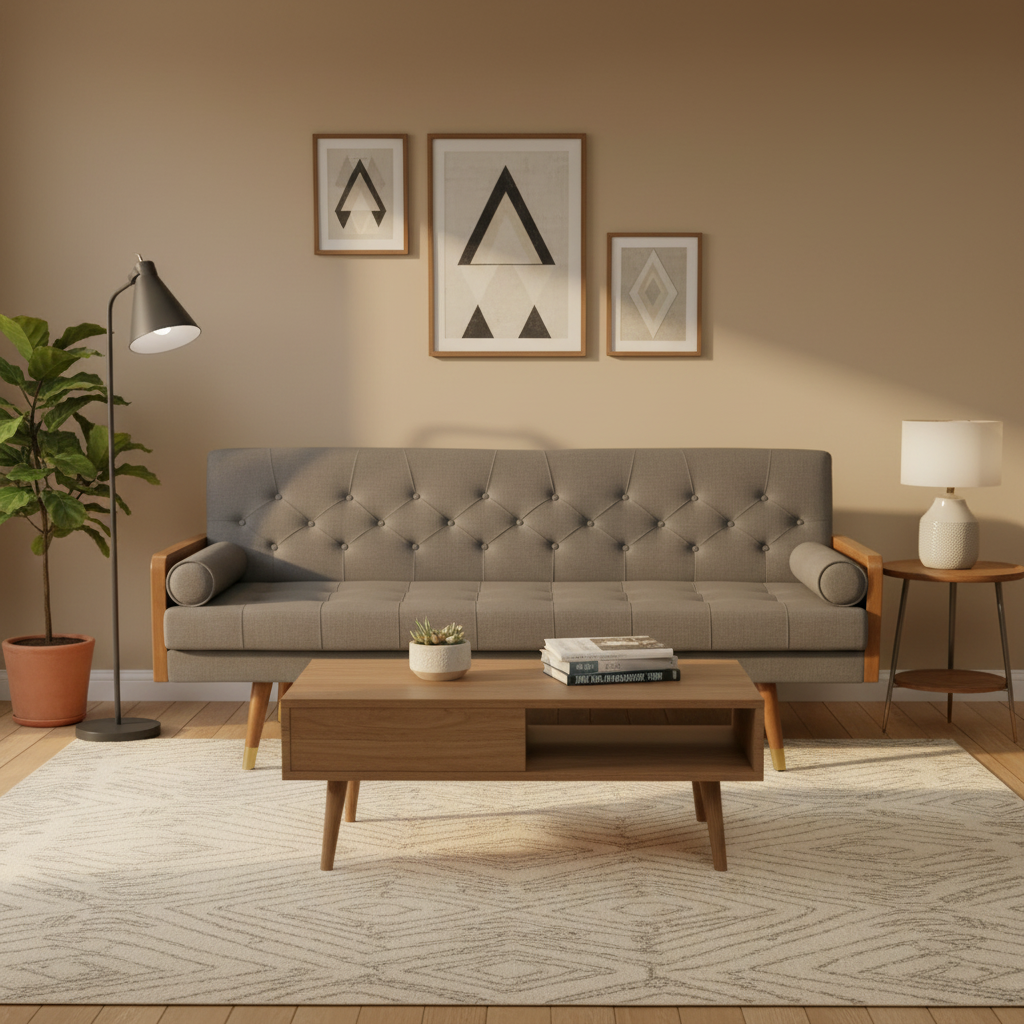 72-Inch Mid-Century Modern Fabric Sofa with Tufted Cushions and Tapered Wood Legs