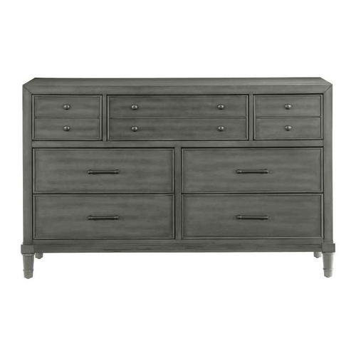 7 Drawer Wood Dresser Grey – Bedroom Storage Chest with Bronze Handles (58 Inch)