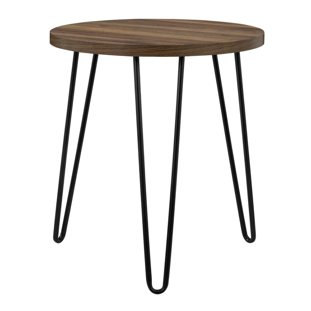 Ameriwood Home Owen Retro Round End Table – Florence Walnut Woodgrain Side Table with Metal Hairpin Legs