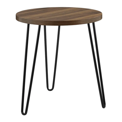 Ameriwood Home Owen Retro Round End Table – Florence Walnut Woodgrain Side Table with Metal Hairpin Legs
