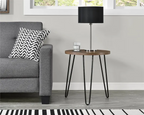 Ameriwood Home Owen Retro Round End Table – Florence Walnut Woodgrain Side Table with Metal Hairpin Legs