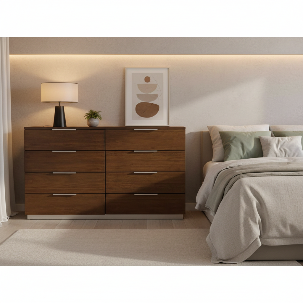 Brown Walnut Finish 8-Drawer Bedroom Dresser 50 Inch – Tall Wood Stora – George Smith & Sons