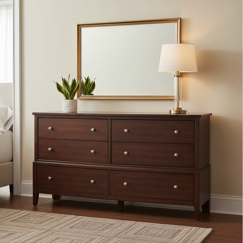 Dark Cherry Birch Veneer 6-Drawer Dresser – Bedroom Storage Chest with Metal Knobs
