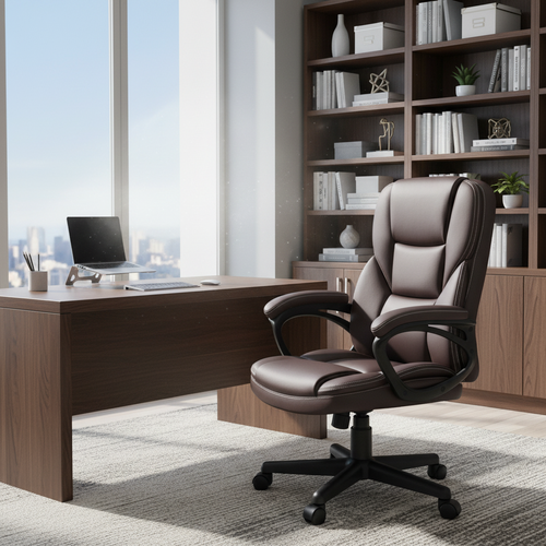 Ergonomic High-Back Executive Office Chair in Brown – Height Adjustable Swivel Desk Seat with Rolling Casters