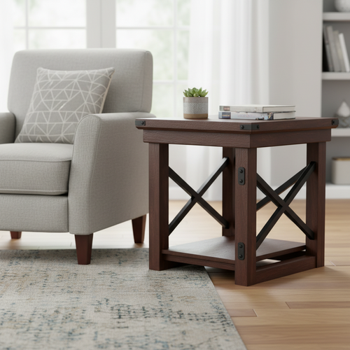 Espresso Wood Veneer End Table with Storage Shelf and Black Metal Frame