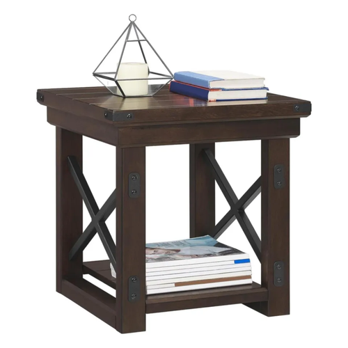 Espresso Wood Veneer End Table with Storage Shelf and Black Metal Frame
