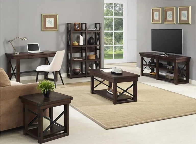Espresso Wood Veneer End Table with Storage Shelf and Black Metal Frame