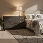 Grey 6-Drawer Bedroom Dresser 58 Inch – Wide Wooden Storage Chest with Polished Chrome Pulls
