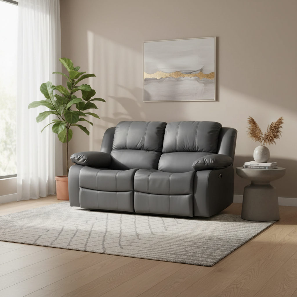 Grey Leather 2-Seater Recliner Sofa with Dual Manual Reclining Motion