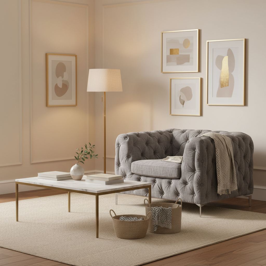 Grey Plush Upholstered Accent Chair – Soft Fabric Single Seat Sofa for Living Room