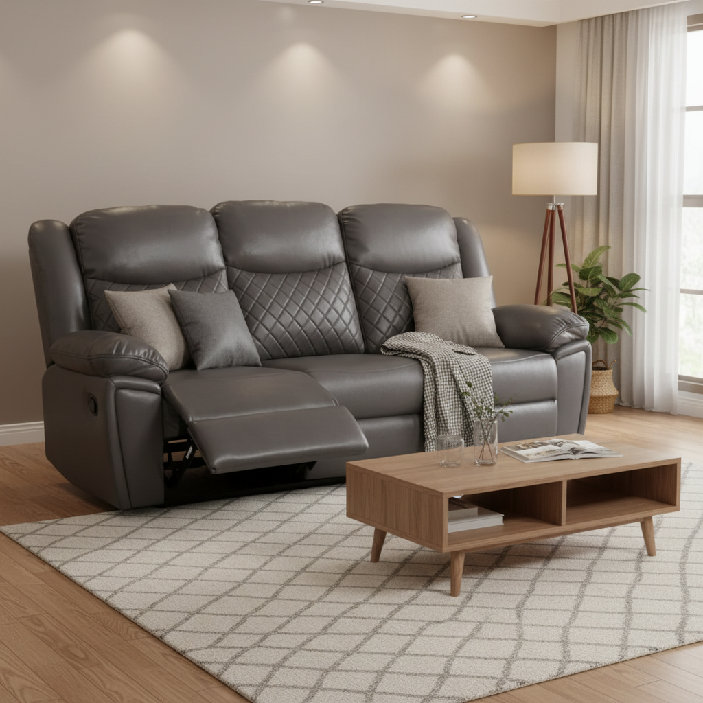 Grey Synthetic Leather 3-Seater Sofa – Contemporary Manual Reclining Couch