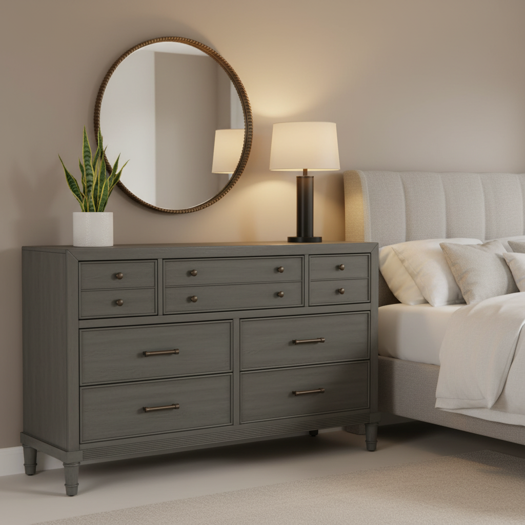 Grey Wood 7-Drawer Dresser – Bedroom Storage Chest with Bronze Handles