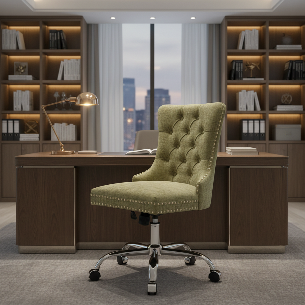 Light Blue Chenille Tufted Swivel Office Chair with Height Adjustable Metal Base