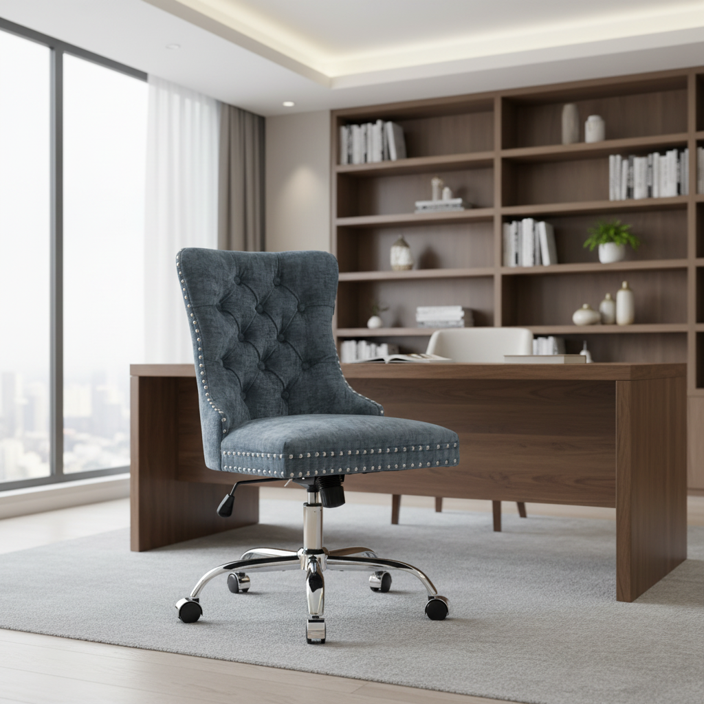 Light Blue Chenille Tufted Swivel Office Chair with Height Adjustable Metal Base