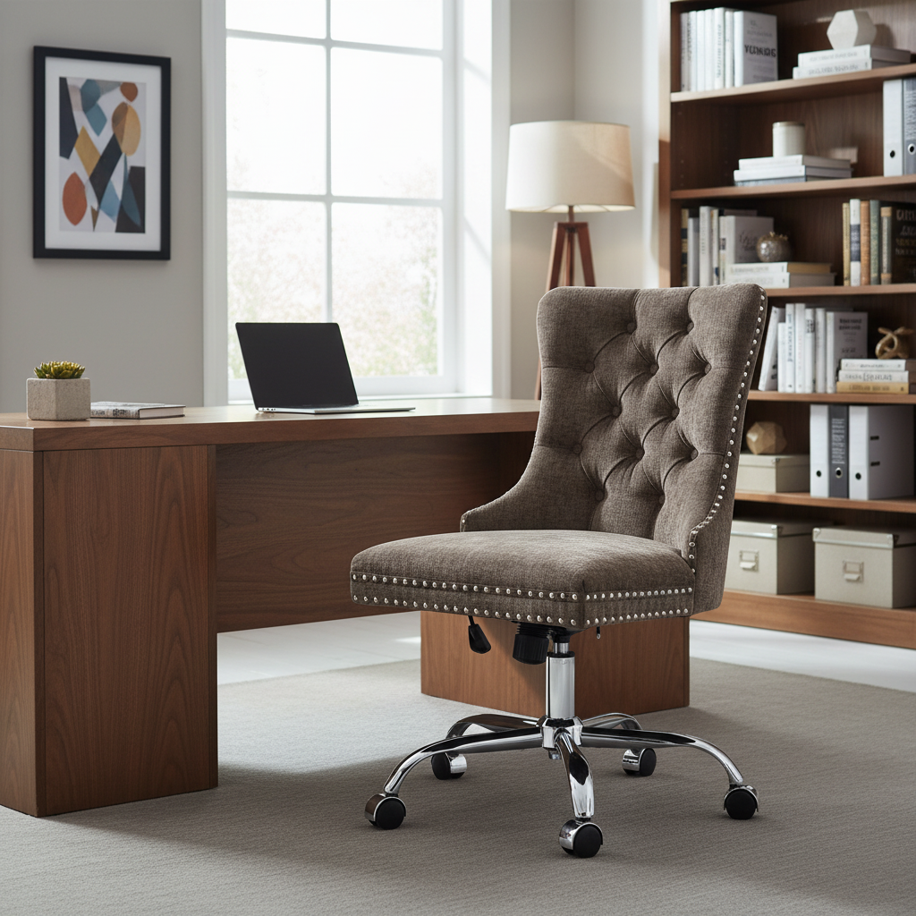 Light Blue Chenille Tufted Swivel Office Chair with Height Adjustable Metal Base