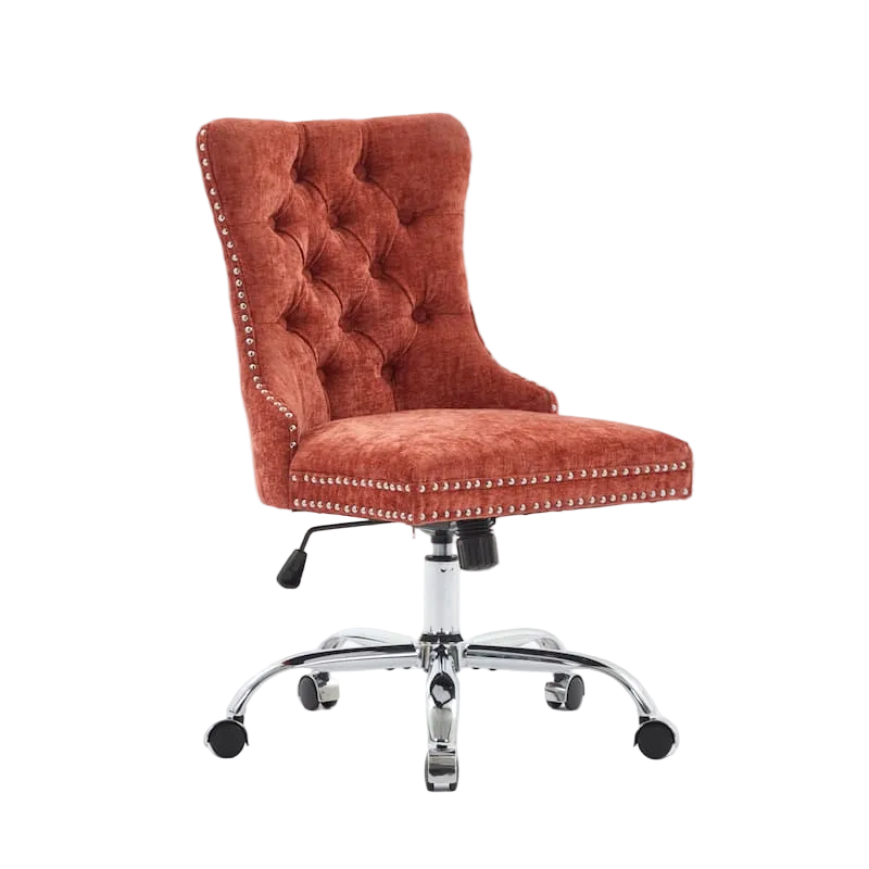 Luxury Orange Suede Office Chair with Adjustable Height, Tufted Back, Metal Base – Glam Traditional Desk Chair