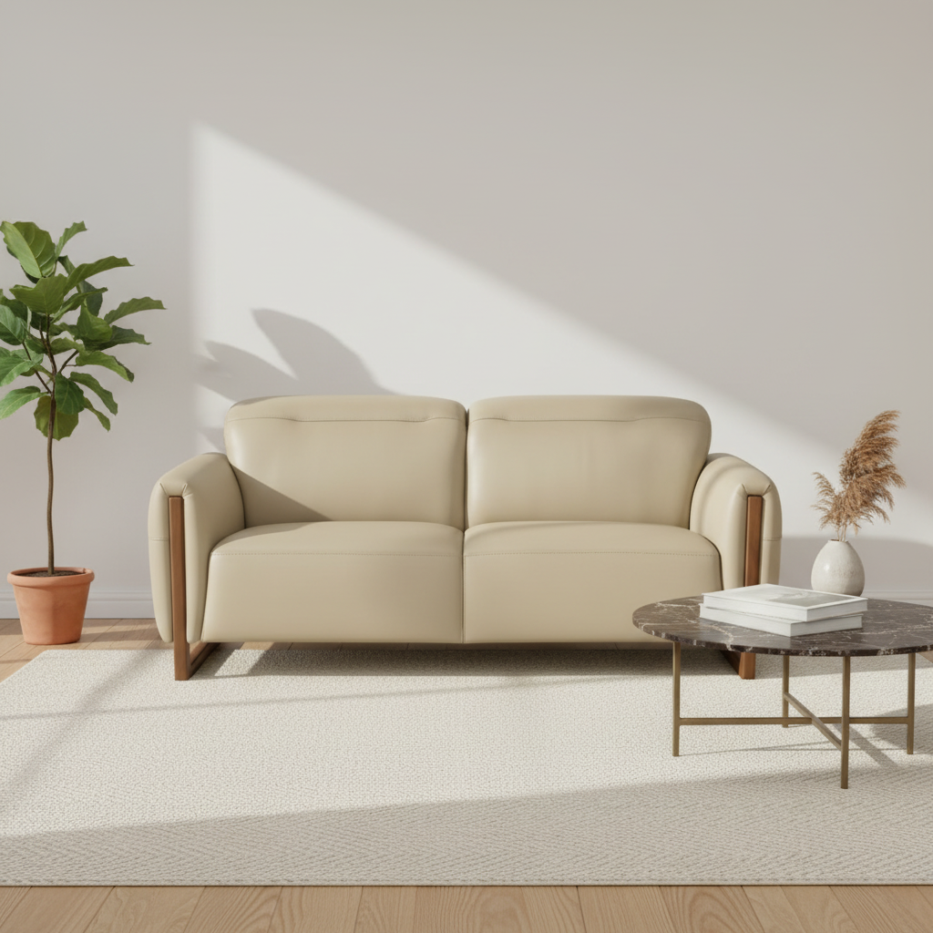 Modern Taupe Full Grain Leather Couch – Italian Style Upholstered Sofa with Chrome Metal Legs