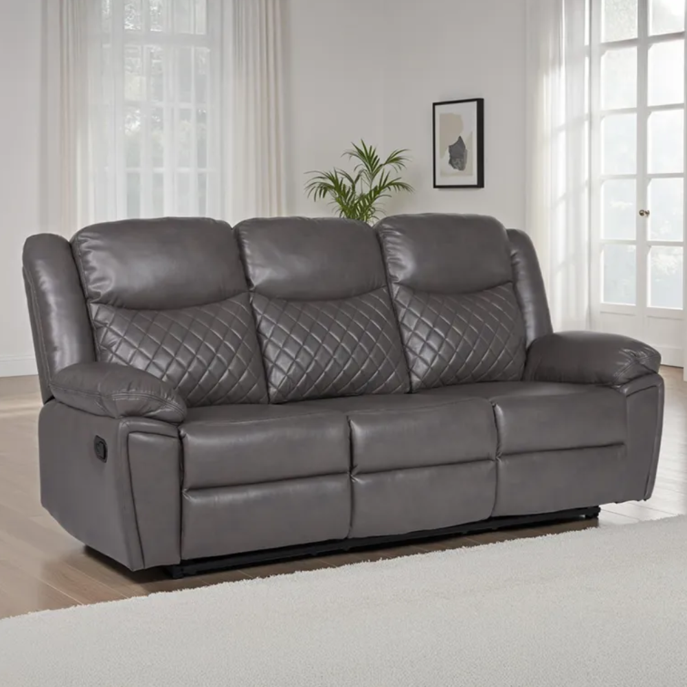 Myra 3 Seater Manual Recliner Sofa Grey – Faux Leather Reclining Couch 210cm