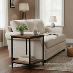Solid Mango Wood End Table in Brown with Decorative Brass Inlay and Metal Legs