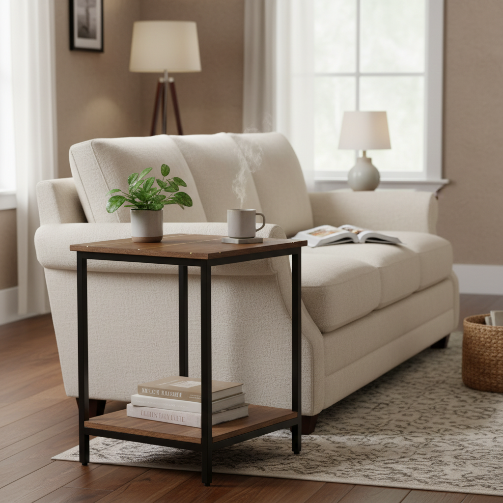 Solid Mango Wood End Table in Brown with Decorative Brass Inlay and Metal Legs