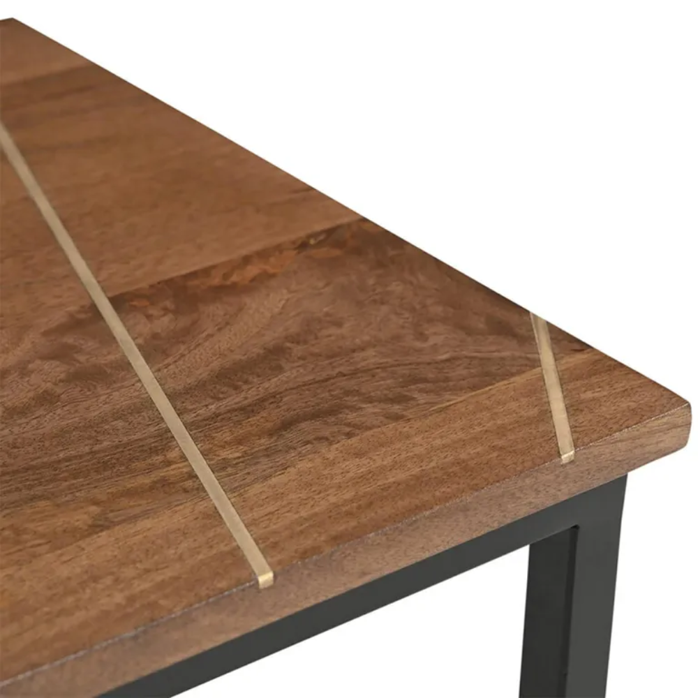 Solid Mango Wood End Table in Brown with Decorative Brass Inlay and Metal Legs