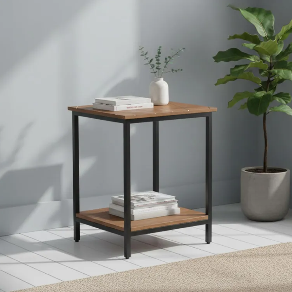 Solid Mango Wood End Table in Brown with Decorative Brass Inlay and Metal Legs