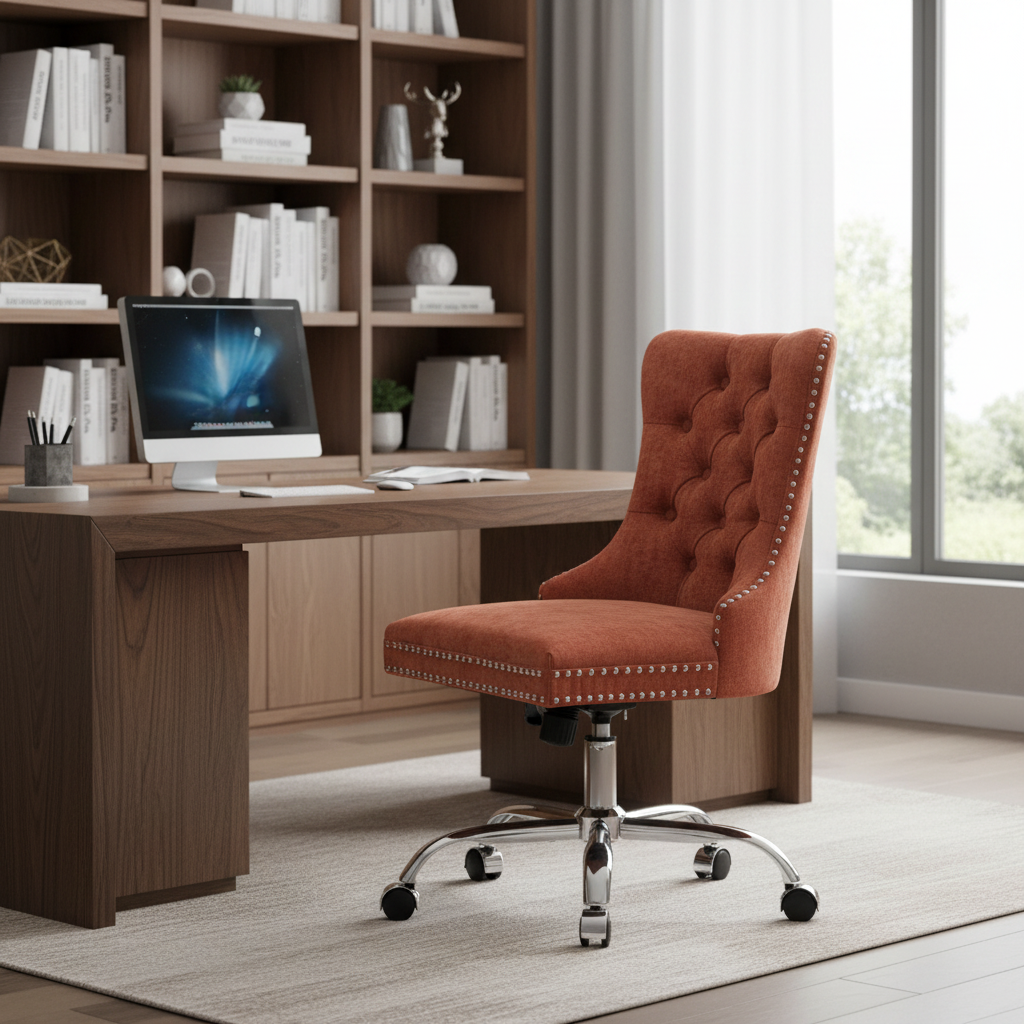Tufted Orange Suede Office Chair with Adjustable Height and Metal Base