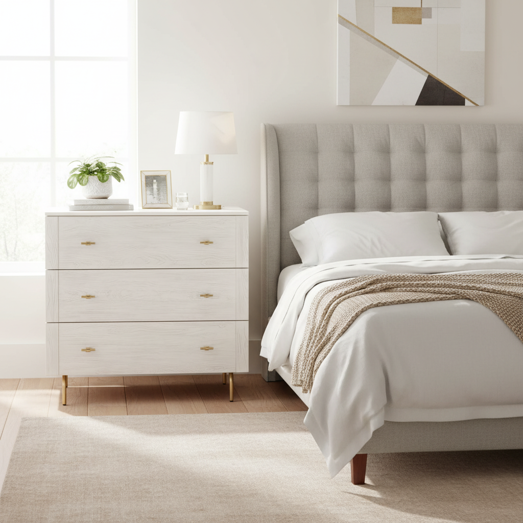 White Wood 3-Drawer Dresser – Modern Bedroom Storage Chest with Gold Handles