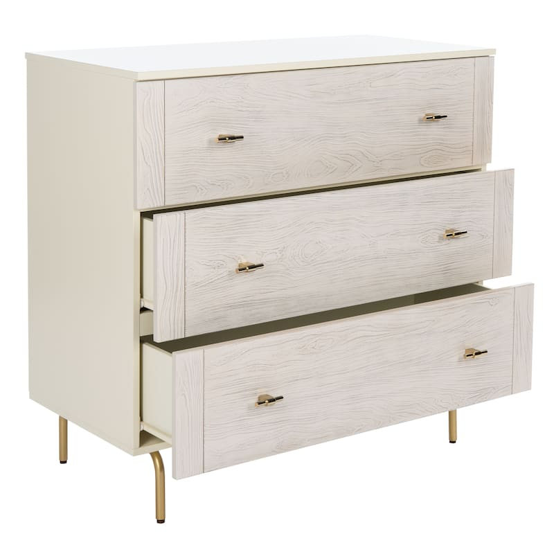 White Wood 3-Drawer Dresser – Modern Bedroom Storage Chest with Gold Handles