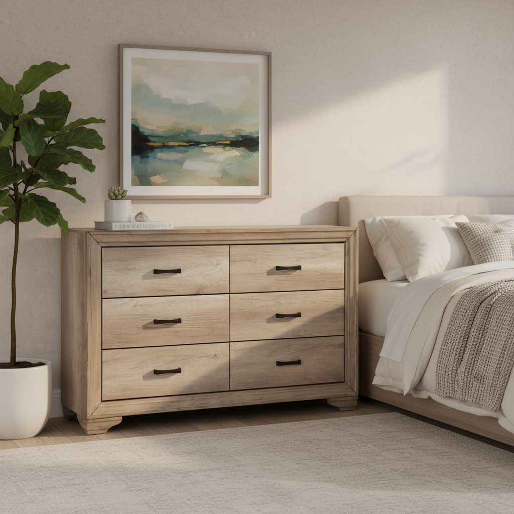 Wide Brown Wooden Chest of Drawers – 6-Drawer Rustic Industrial Cabinet with Black Handles